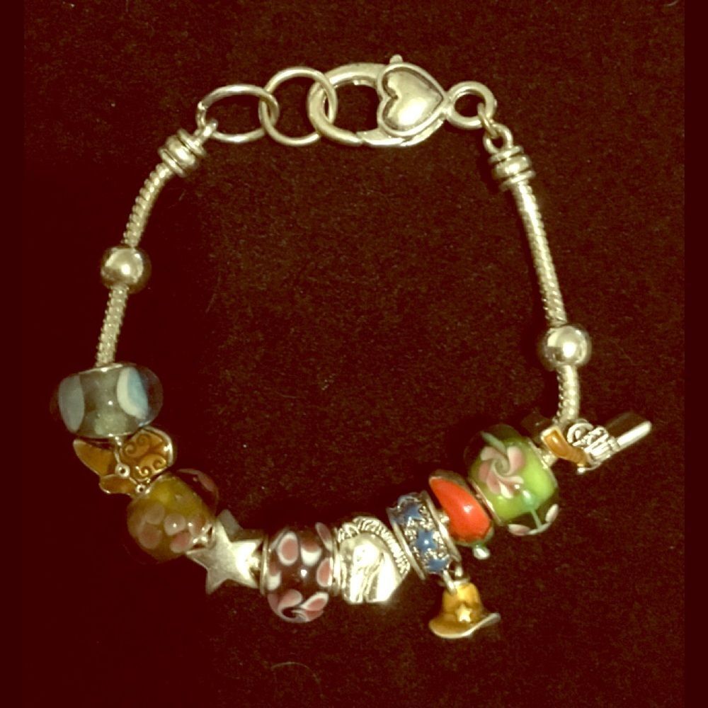 Silver Western Theme Euro Bead Charm Bracelet New~kn